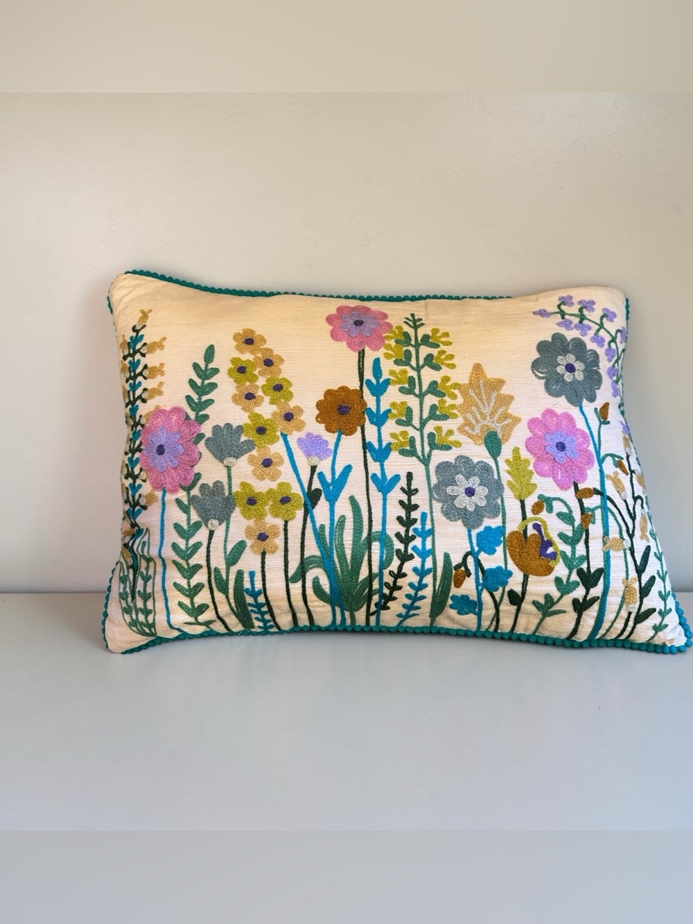 Karma Living 12" x 18" Embroidered Corduroy Floral Throw Pillow Pompom Trim